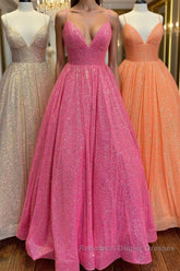 Shiny Tulle V Neck Backless Hot Pink/Orange/Champagne Long Semi Formal Prom Dresses, Backless Hot Pink/Orange/Champagne Formal Graduation Evening Dresses
